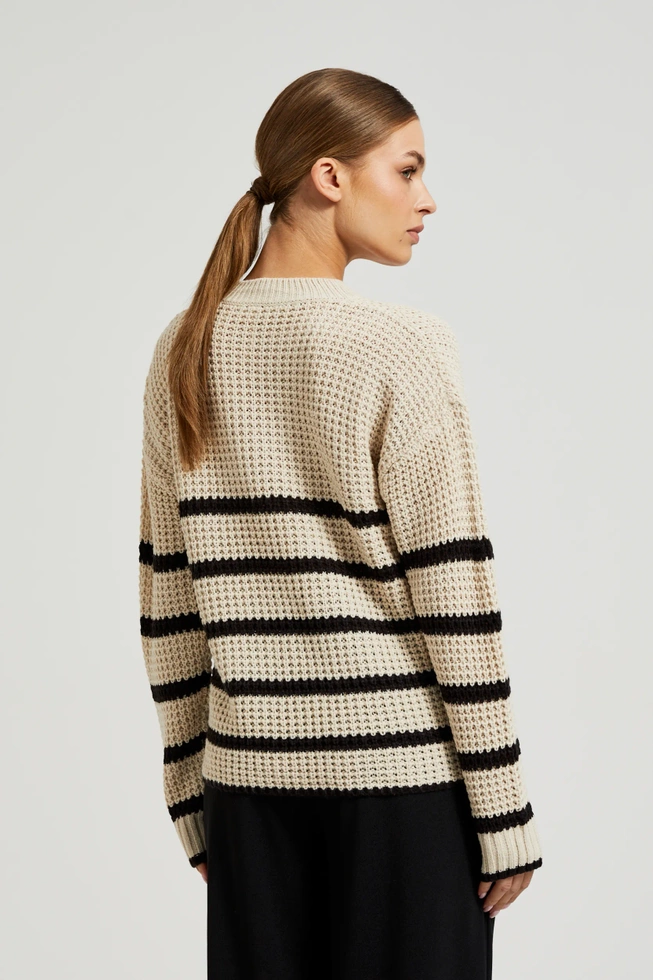 Sweter w paski z okrągłym dekoltem ciemnobeżowy
