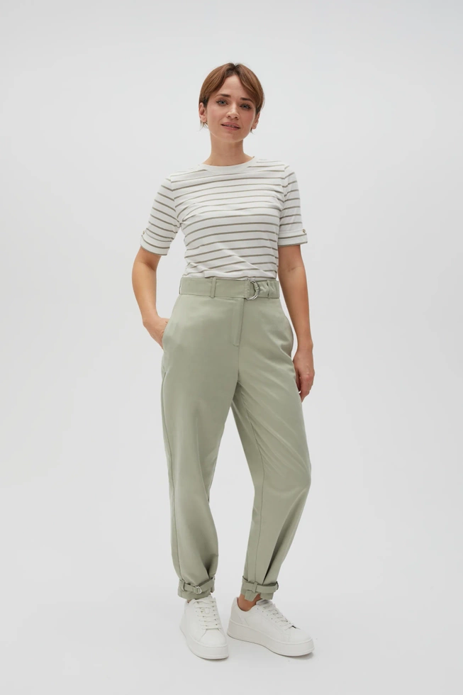 Bluzka w paski z okrągłym dekoltem oliwkowa