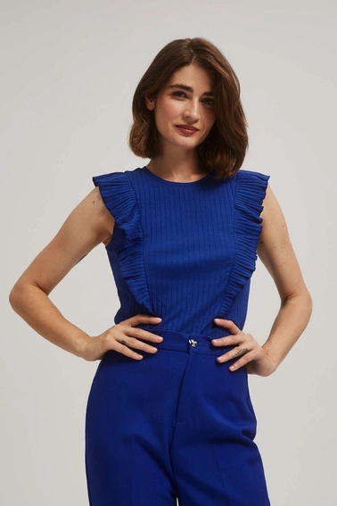 Prążkowana bluzka z falbaną niebieska