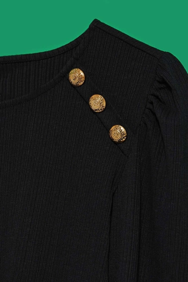 Bluzka z prążkowanej dzianiny z bufiastymi rękawami czarna