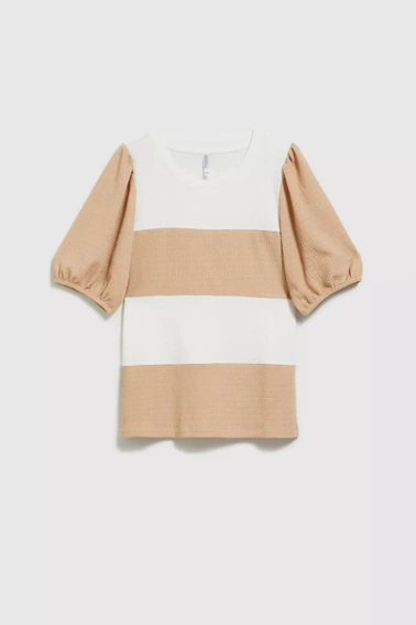 Bluzka w pasy z bufiastymi rękawami beżowa