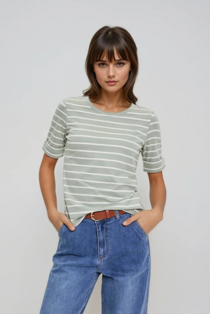 Bawełniana bluzka w paski oliwkowa