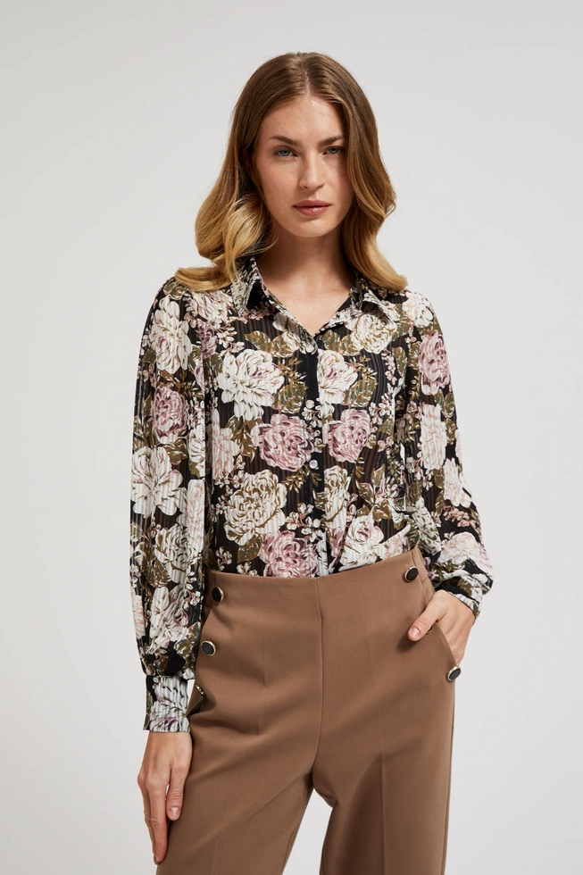 Plisowana koszula z kwiatowym wzorem i bufiastymi rękawami czarna