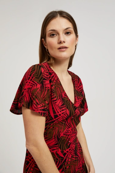 Sukienka z dekoltem w serek i tropikalnym printem czerwona