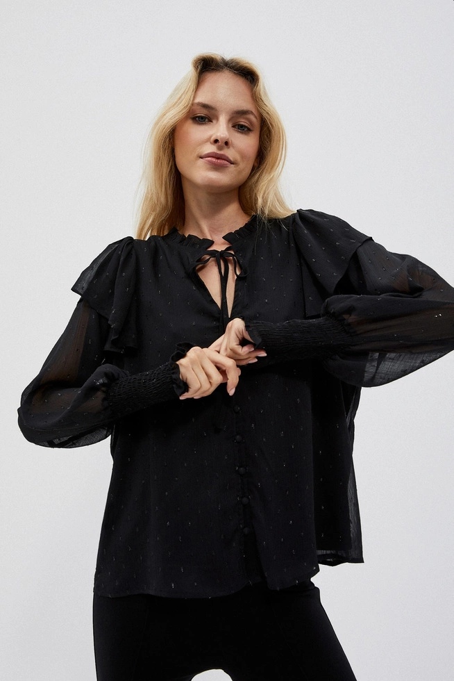 Koszula z wiązanym dekoltem i falbanami czarna