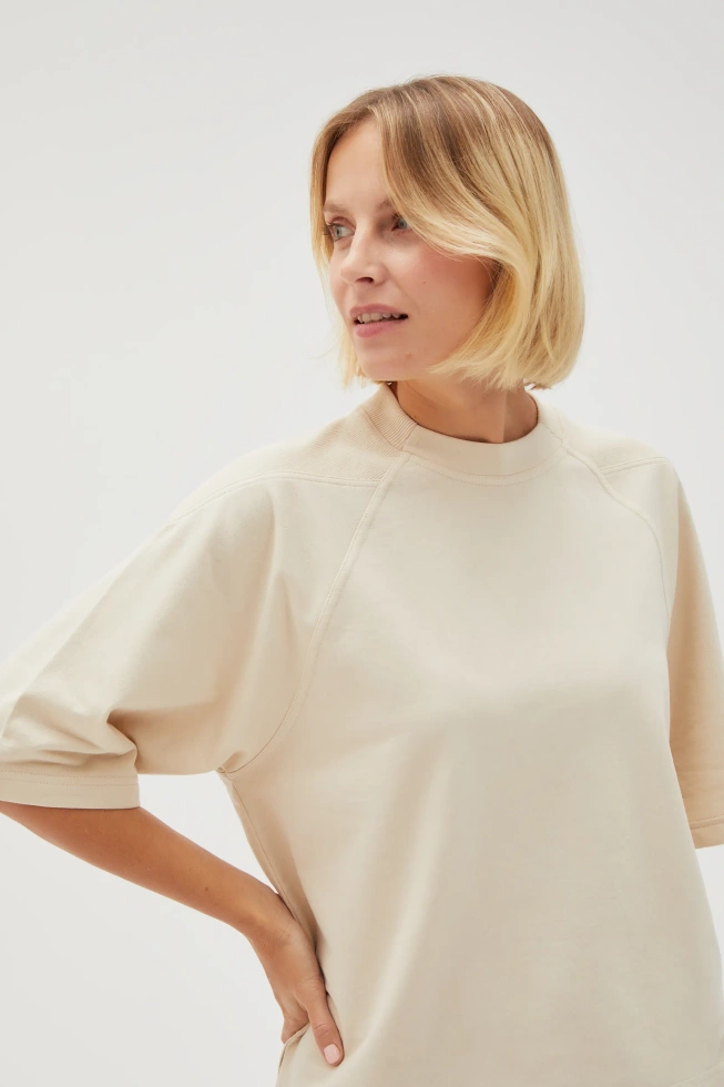 Gładka bluza oversize z krótkimi rękawami beżowa
