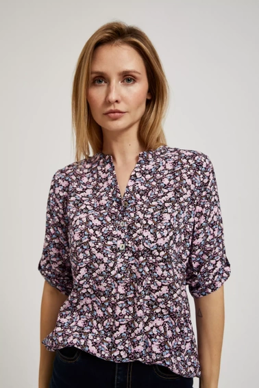 Koszula z kwiatowym printem i podwijanymi rękawami granatowa