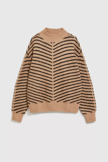 Sweter w paski beżowo-czarny