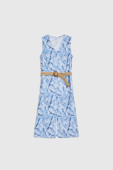 Lniana sukienka z paskiem niebieska