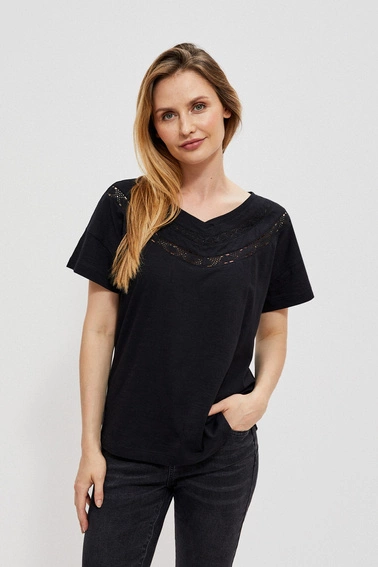 Bluzka z ażurowym dekoltem i krótkimi rękawami czarna