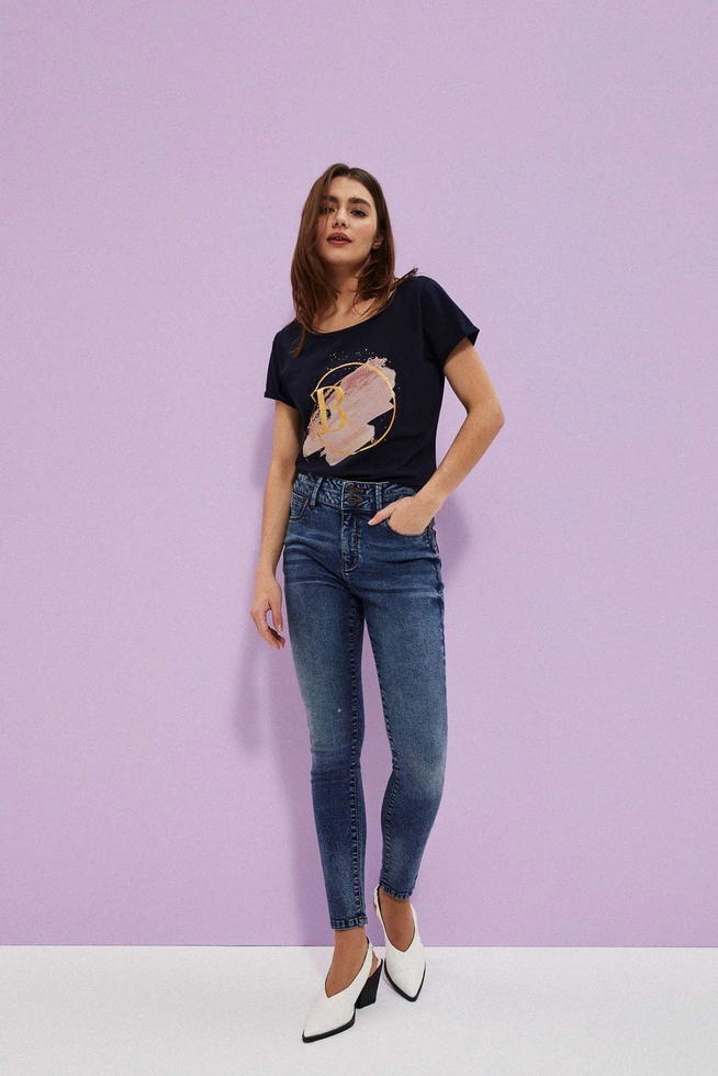 Jeansy push up z ozdobnym pasem granatowe