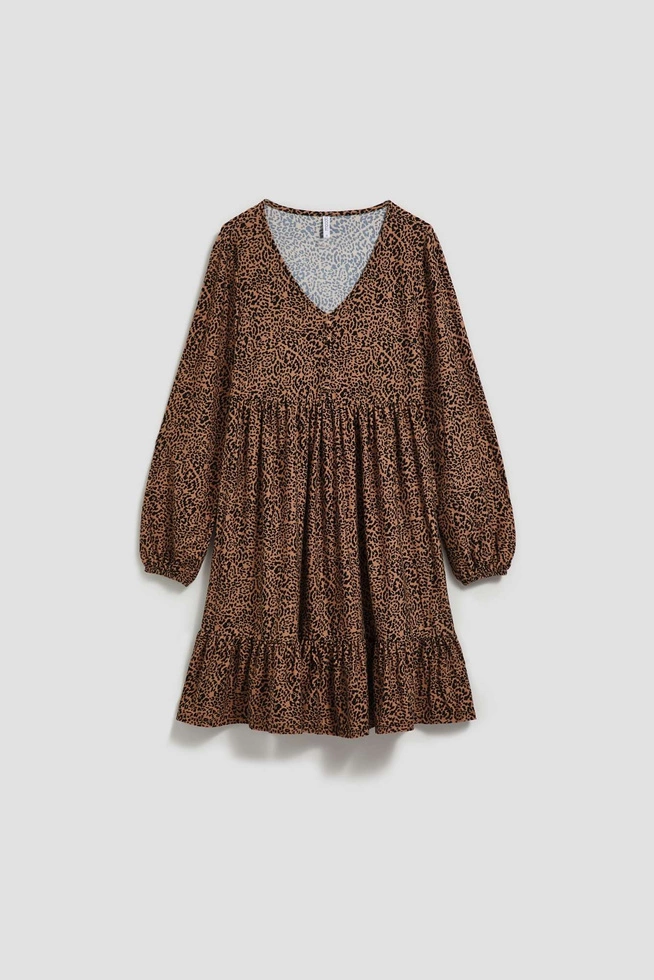 Wzorzysta sukienka z falbaną o długości przed kolano ciemnobeżowa