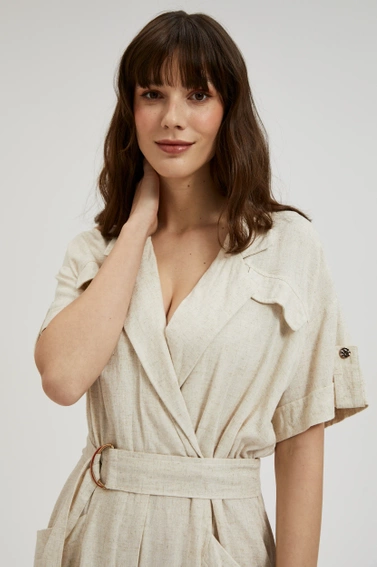 Lniana sukienka z dekoltem w serek beżowa