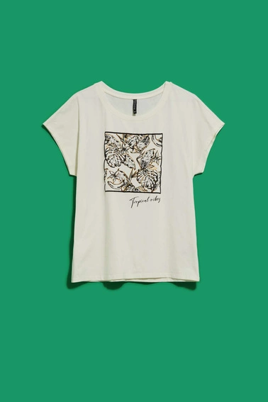 T-shirt z roślinnym nadrukiem perłowy