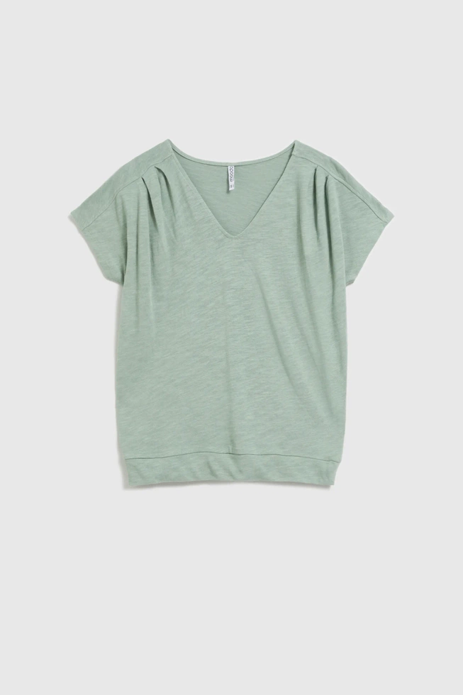 Bluzka oliwkowa z dekoltem w serek i krótkimi rękawami oliwkowa