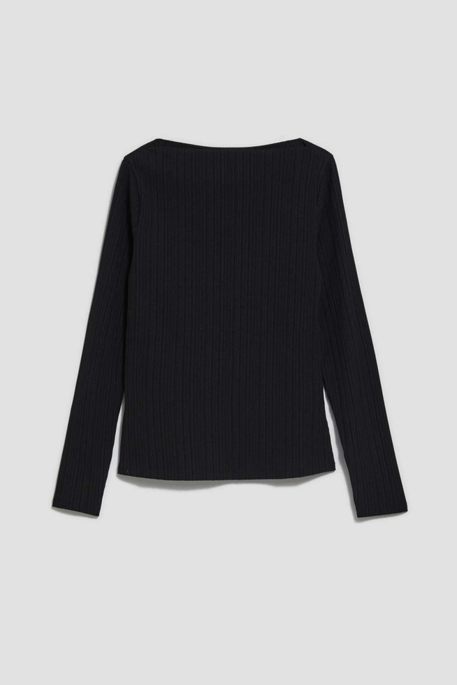 Dopasowana bluzka z prążkowanej dzianiny z długimi rękawami czarna