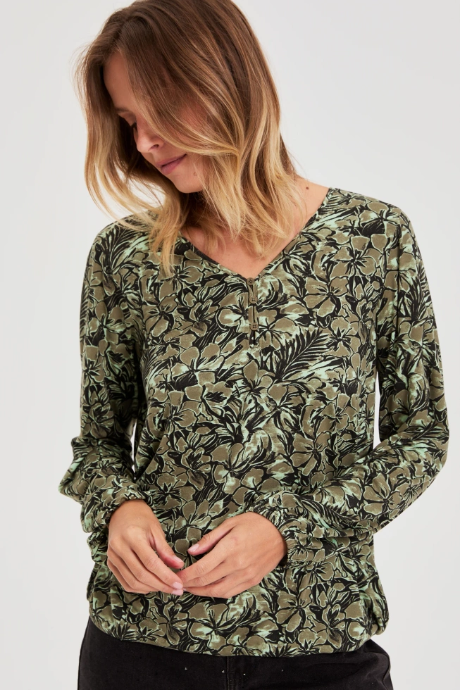 Bluzka w kwiaty oliwkowa