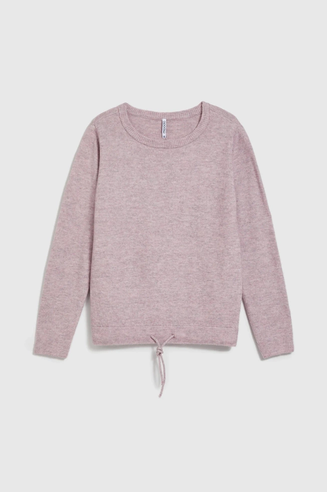 Sweter z okrągłym dekoltem i wiązaniem w pasie różowy