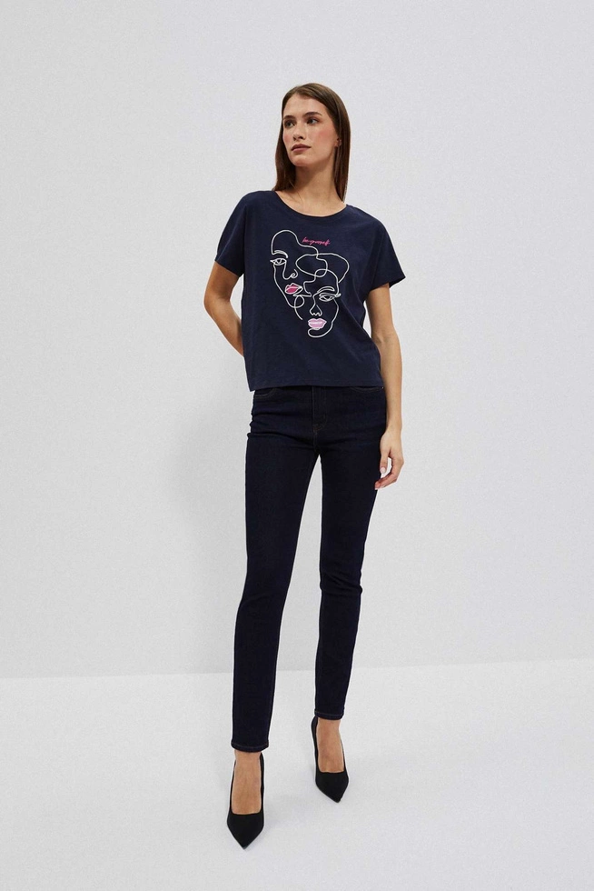 Bluzka z nadrukiem w kształcie twarzy granatowa