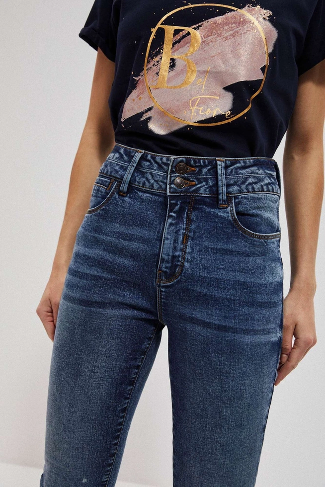 Jeansy push up z ozdobnym pasem granatowe