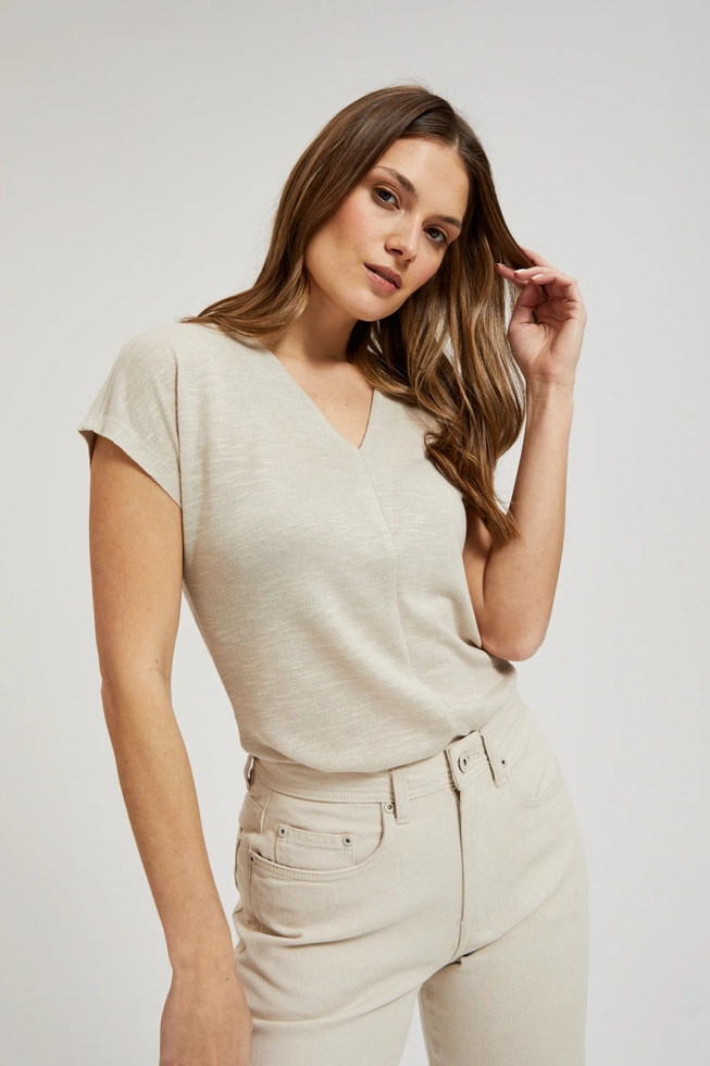 Gładka bluzka z dekoltem i krótkimi rękawami beżowa