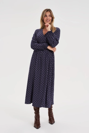 Sukienka midi z bufiastymi rękawami granatowa