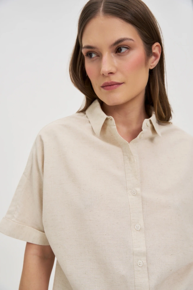 Koszula z bawełny i lnu beżowa