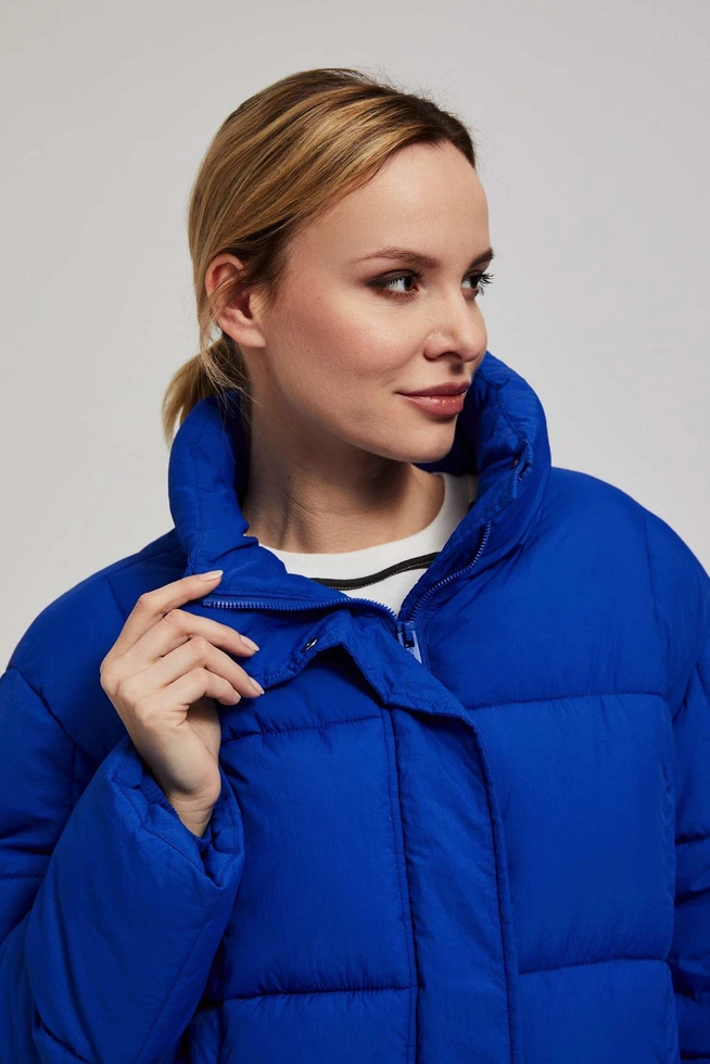 Krótka pikowana kurtka z kapturem ciemnoniebieska