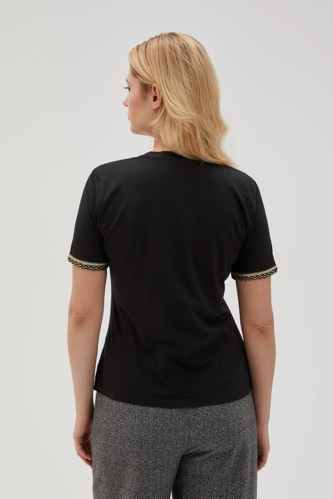 Bawełniana bluzka z dekoltem w serek i ozdobnymi rękawami czarna