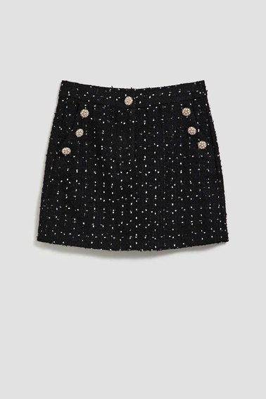 Spódnica w tweedowym stylu z ozdobnymi guzikami czarna