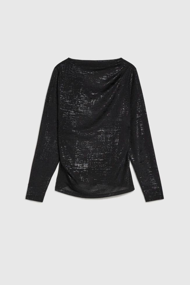 Bluzka z marszczonym dekoltem i długimi rękawami czarna