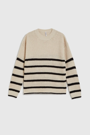 Sweter w paski z okrągłym dekoltem ciemnobeżowy