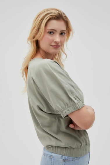 Bawełniana bluzka z bufiastymi rękawami oliwkowa