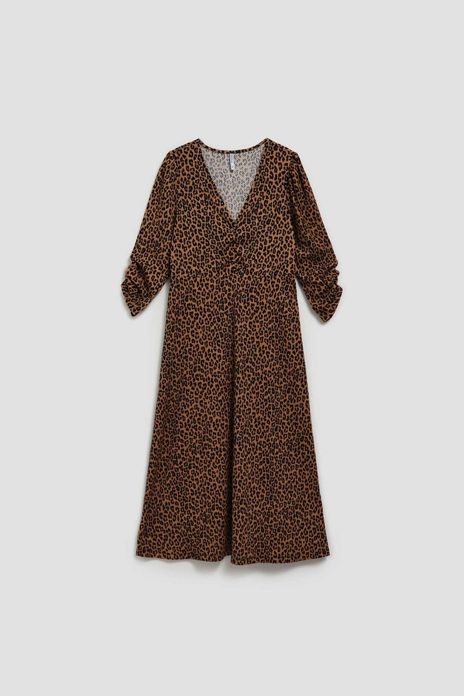 Sukienka midi w panterkę brązowa
