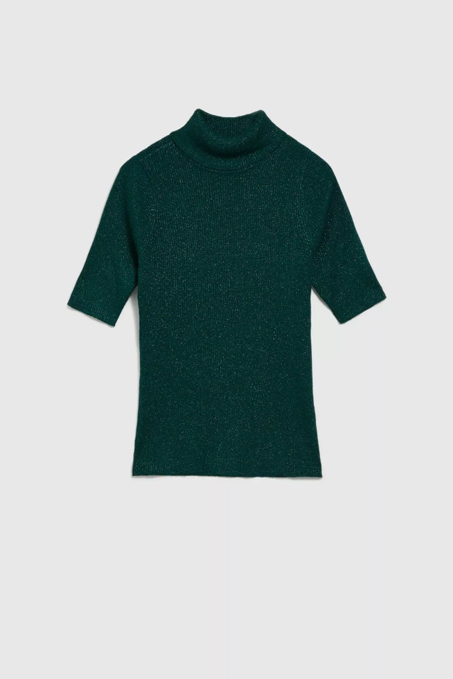 Sweter z golfem ozdobiony metaliczną nitką szmaragdowy