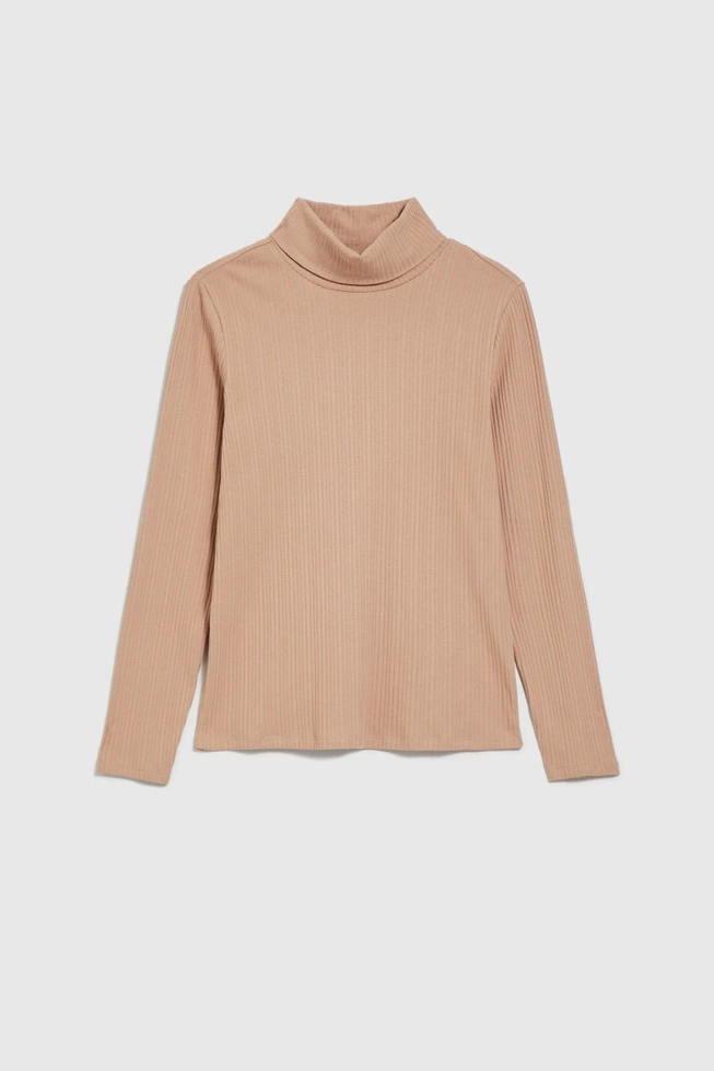 Prążkowany golf z długimi rękawami beżowy