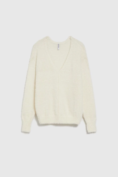 Sweter z dekoltem w serek i długimi rękawami ecru