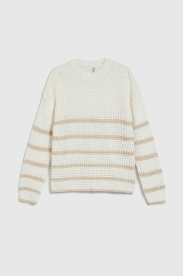 Sweter w paski z okrągłym dekoltem beżowy
