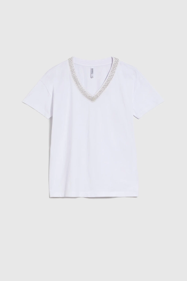 T-shirt z ozdobnym dekoltem biały