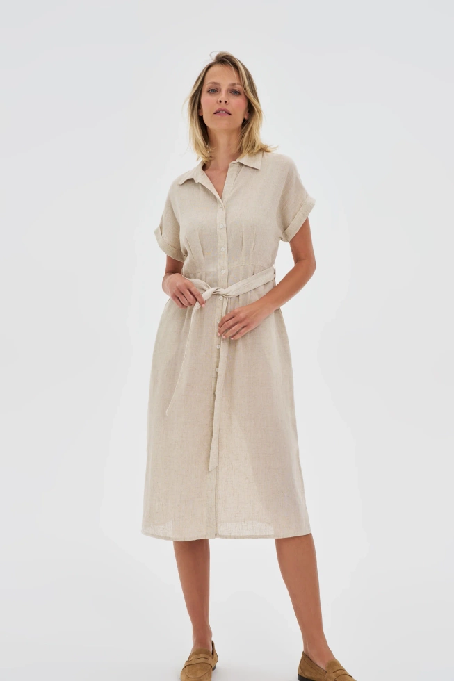 Bawełniano-lniana sukienka beżowa