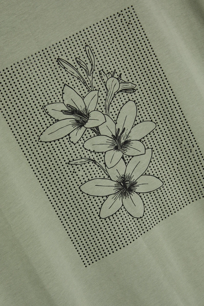 Bluzka z nadrukiem i krótkimi rękawami oliwkowa