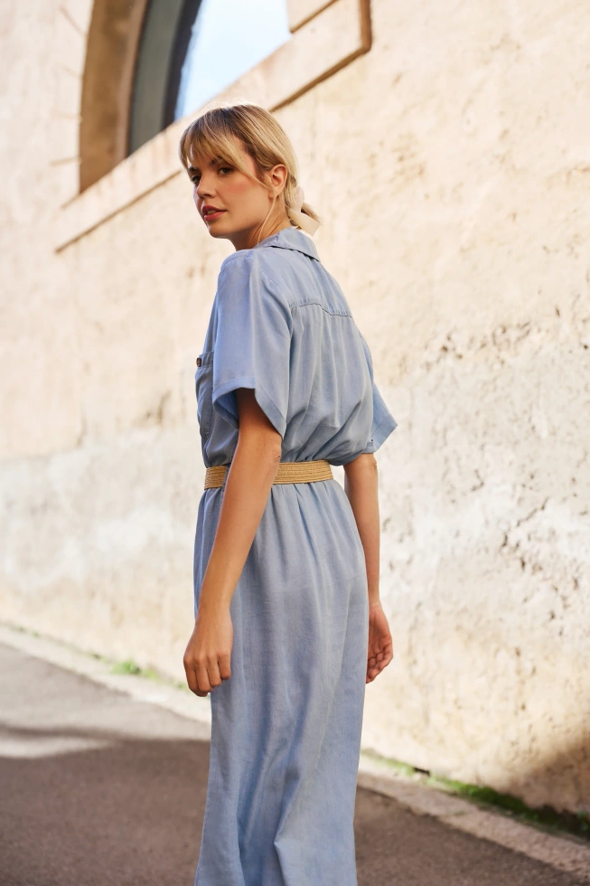 Sukienka lyocell z paskiem błękitna