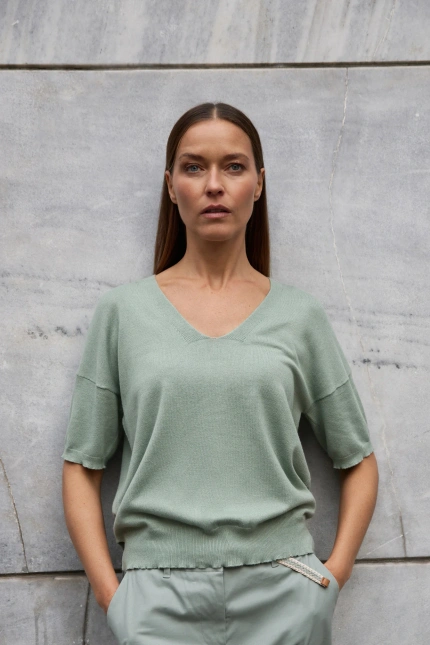 Sweter z krótkimi rękawami oliwkowy