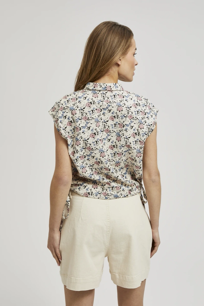 Koszula w kwiatki z kołnierzykiem i krótkimi rękawami beżowa