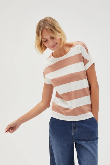 Bluzka w paski z krótkimi rękawami beżowa