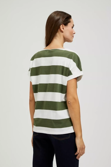 Bluzka w szerokie pasy z krótkimi rękawami khaki