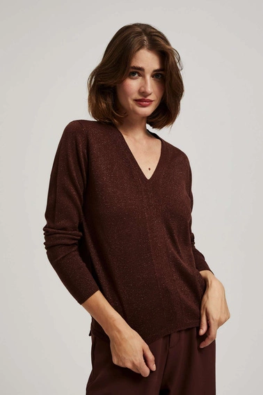 Sweter z metaliczną nitką i dekoltem w serek brązowy