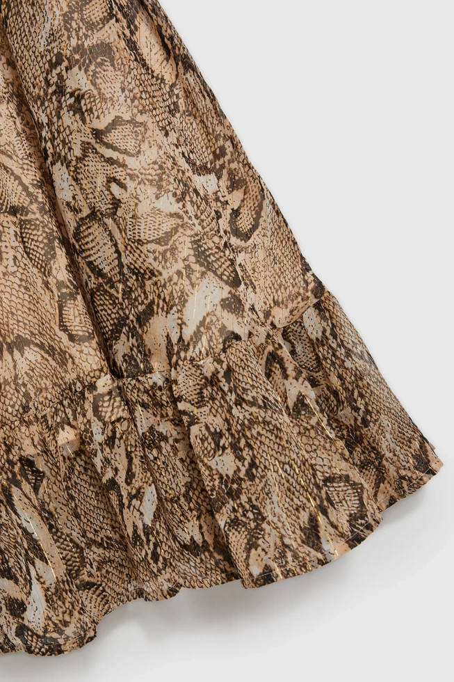 Sukienka z bufiastymi rękawami i zwierzęcym wzorem beżowa