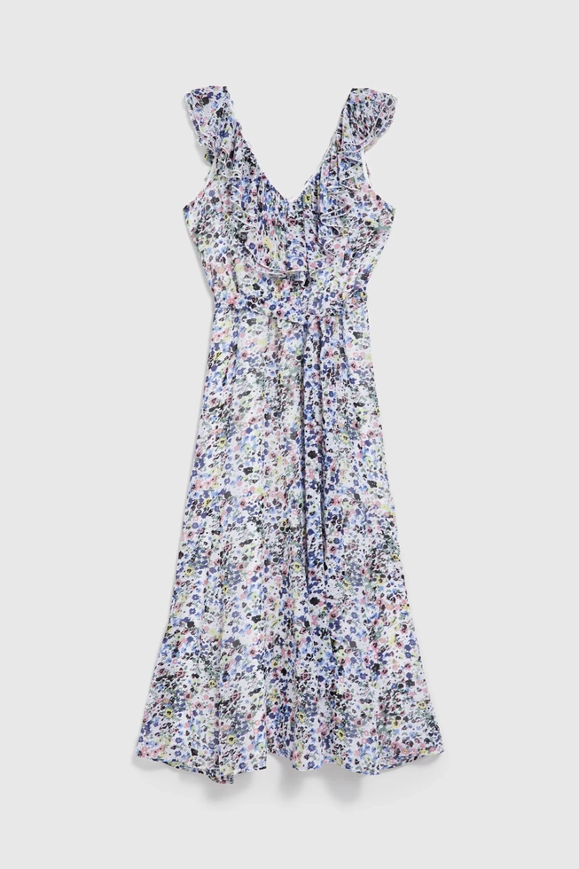 Sukienka z kwiatki z falbaną na dekolcie błękitna