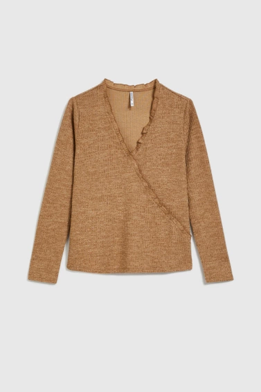 Prążkowana bluzka z dekoltem w serek beżowa 